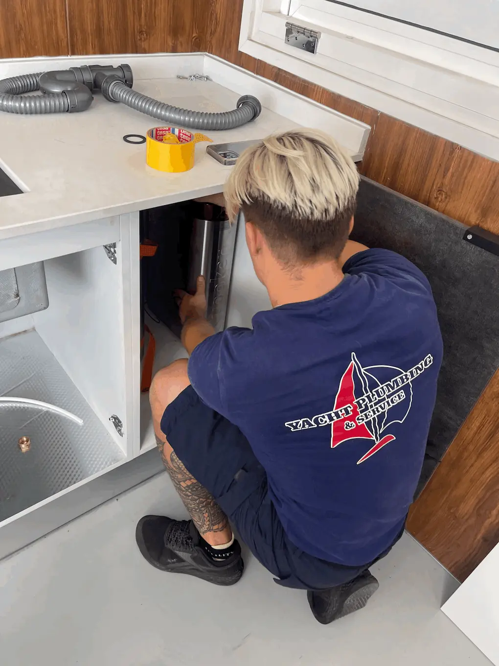 Technical work on yacht water systems in Mallorca