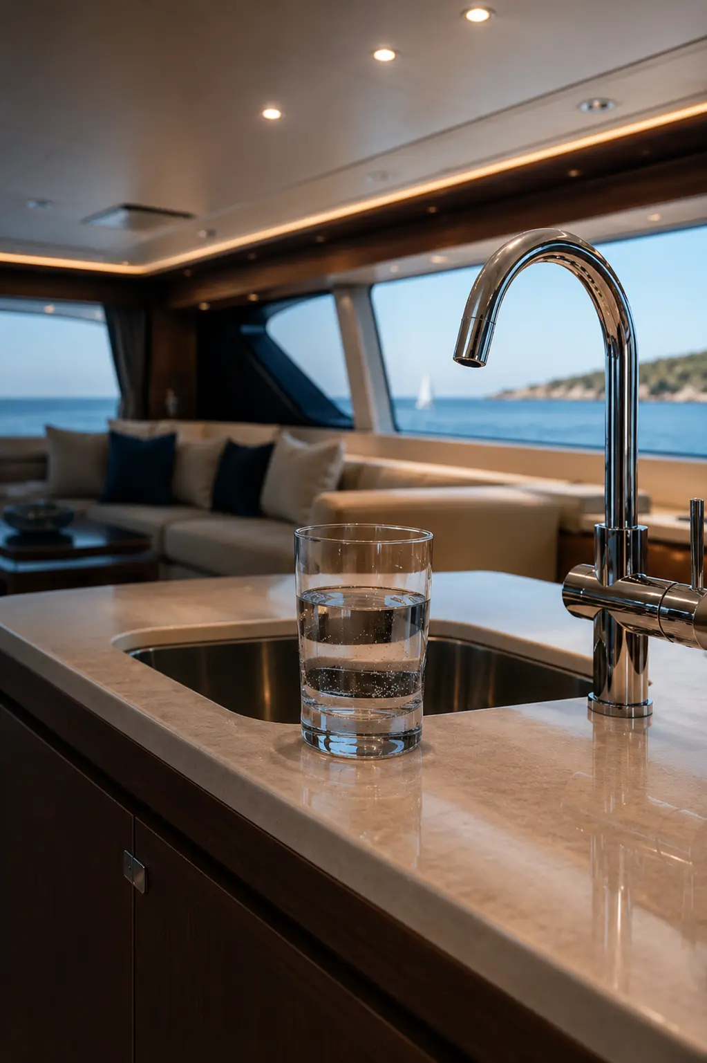 Agua filtrada en cocina interior de yate en Mallorca con grifo premium