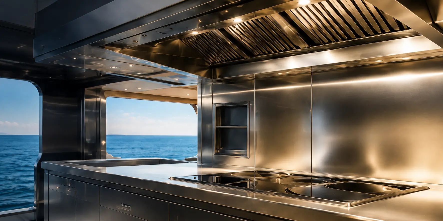 Campana y ductos de extracción en la cocina de un yate en Mallorca