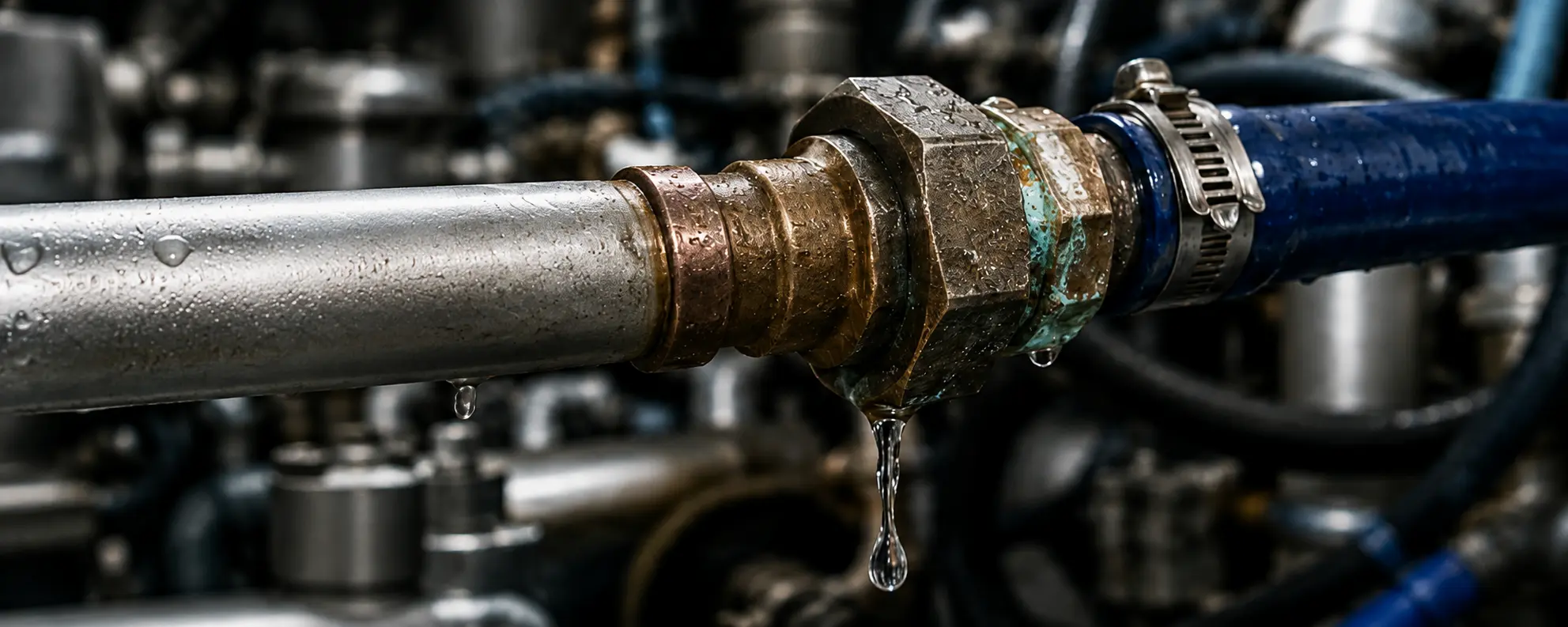 Conexión de fontanería de un yate con corrosión y fuga de agua en Mallorca