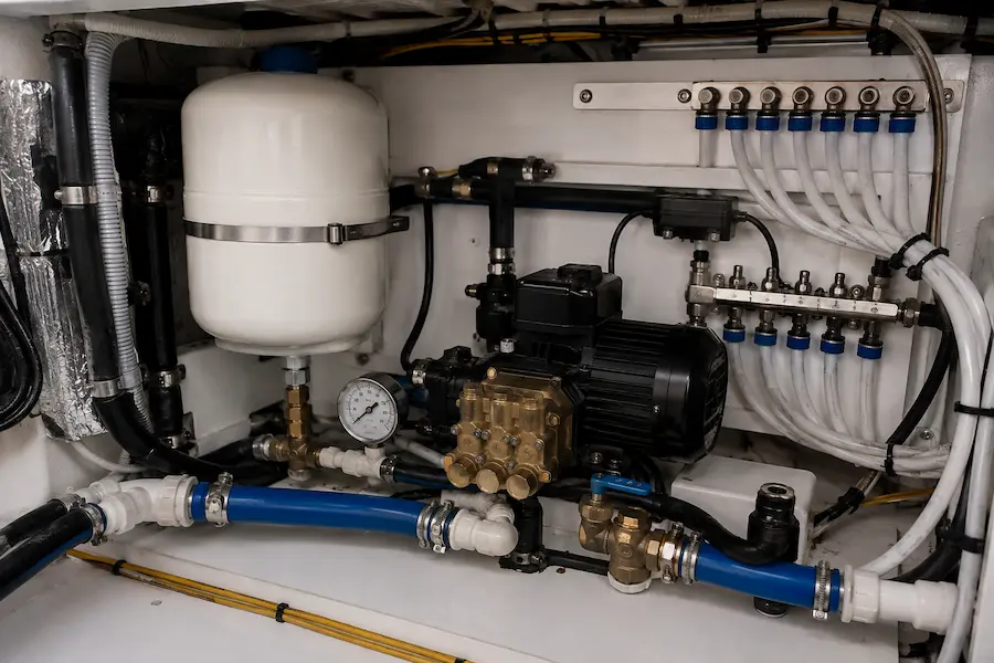 Sistema de presión de agua de un yate con bomba, acumulador y manómetro en Mallorca